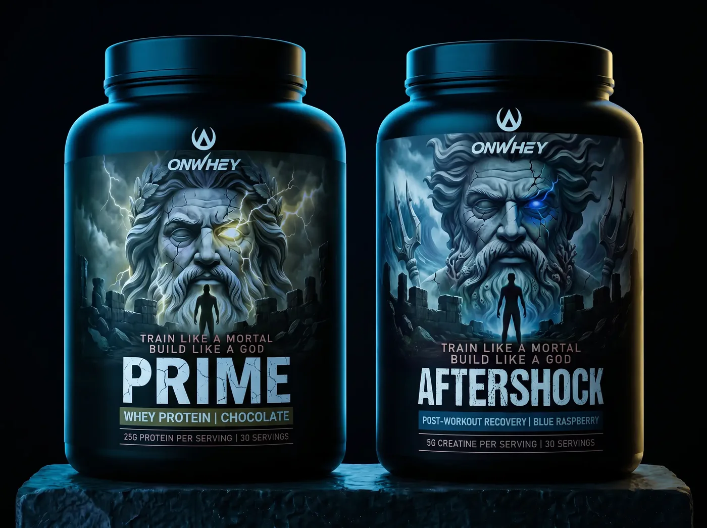 Prime and Aftershock tubs together on wet dark stone