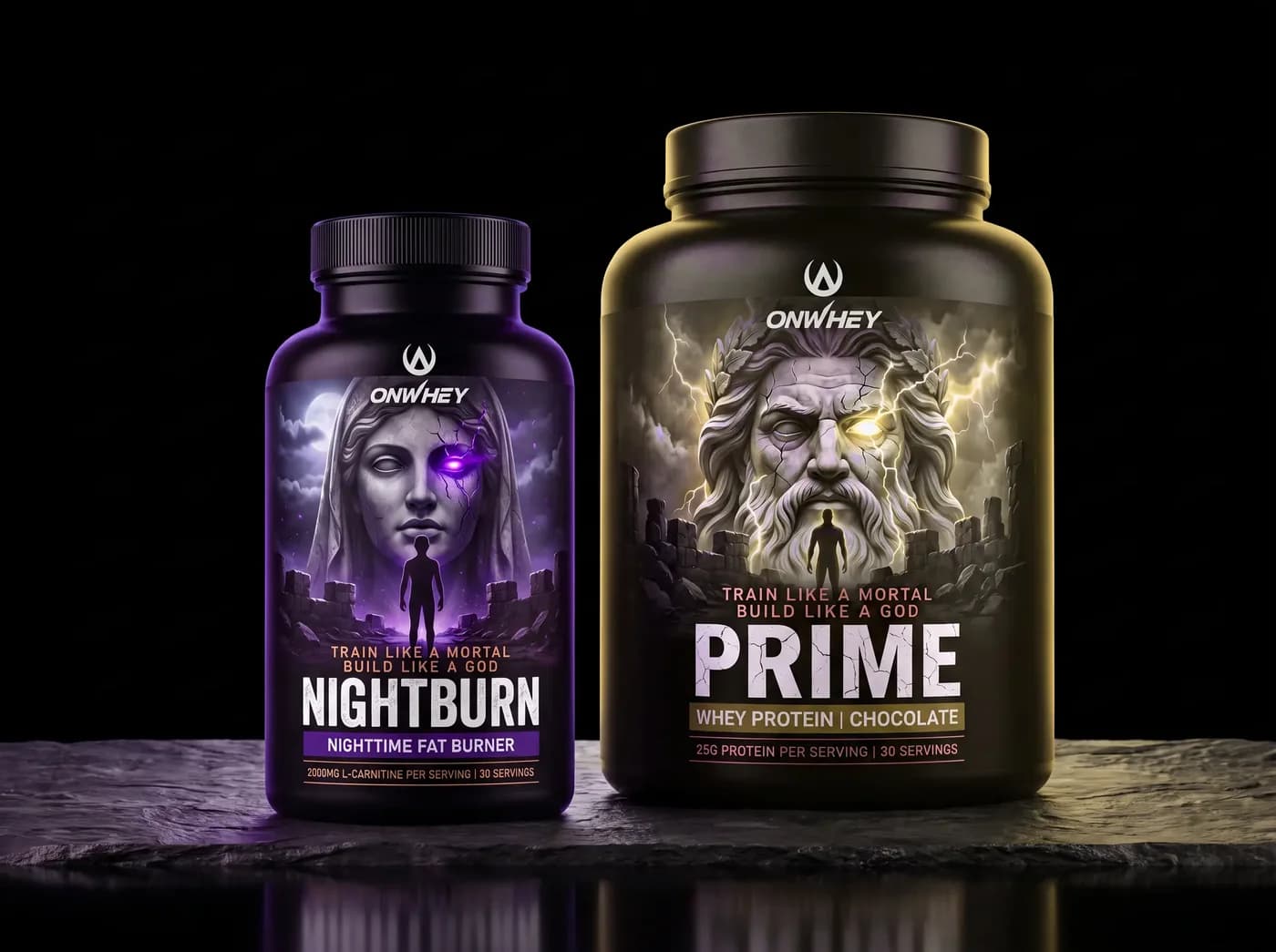 Nightburn and Prime tubs together under violet night light