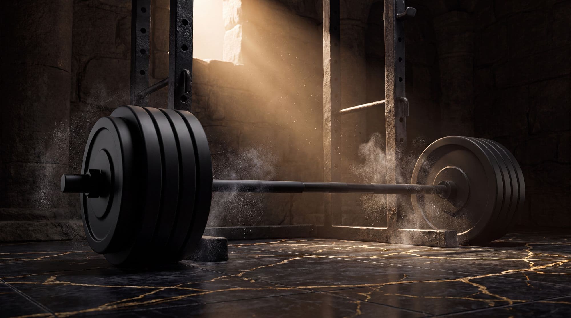 A loaded barbell resting in a power rack under a shaft of chalk-dusted light