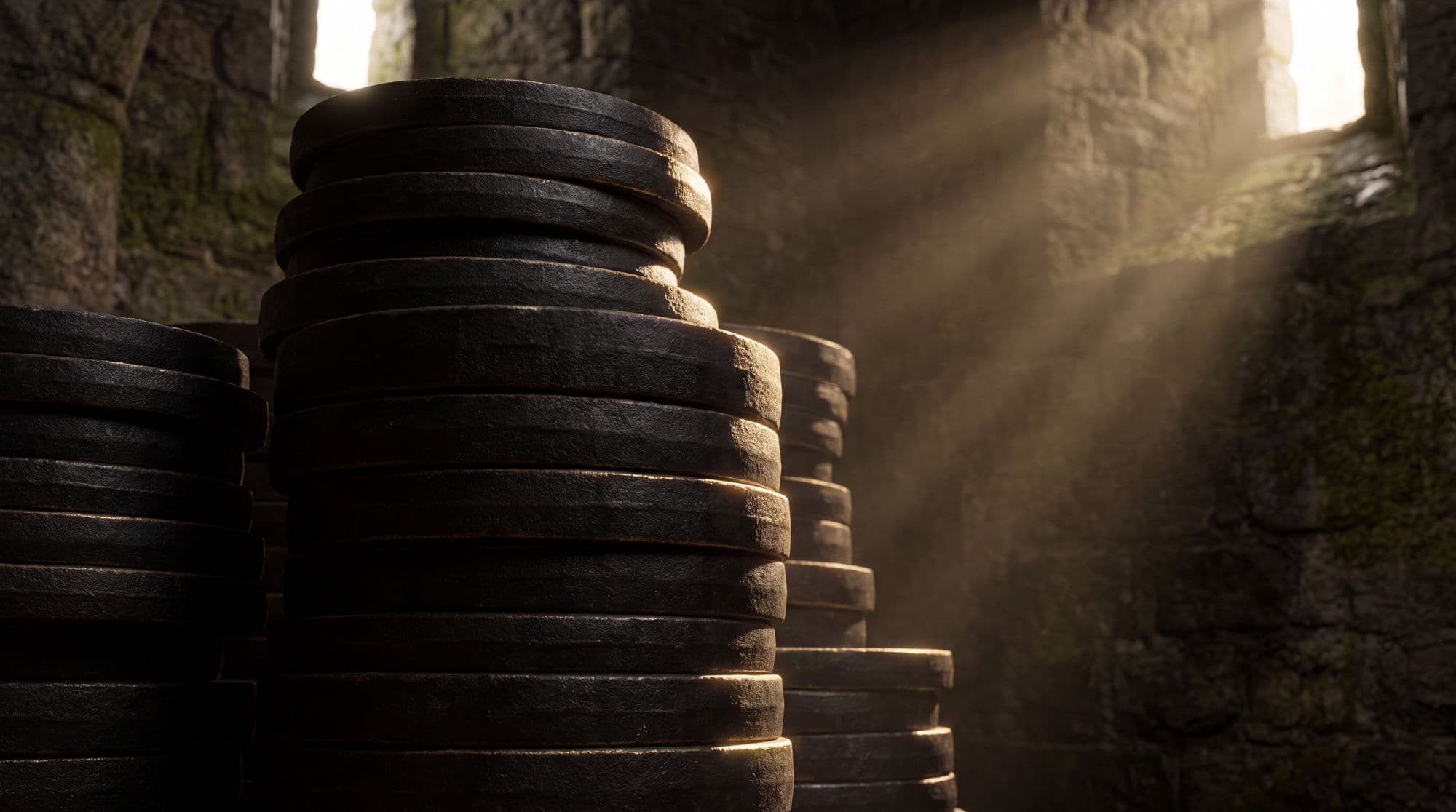A column of black iron weight plates