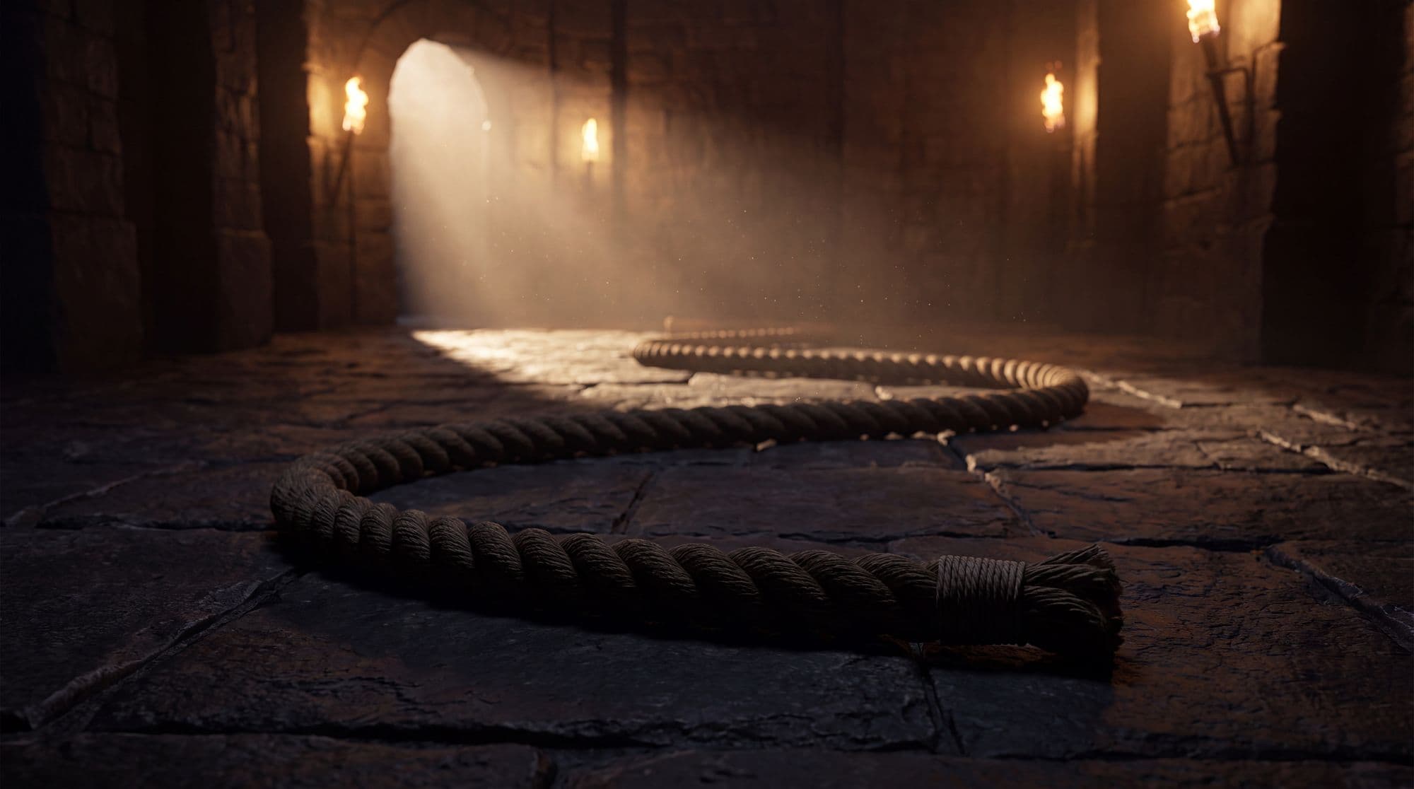Heavy training rope coiled across torchlit stone toward a doorway