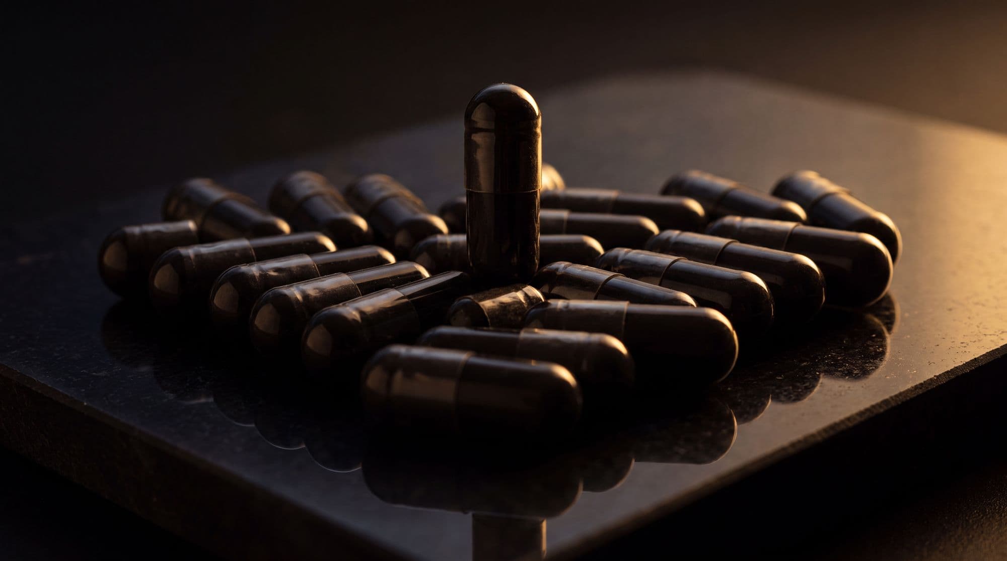 Black l-carnitine capsules arranged in formation