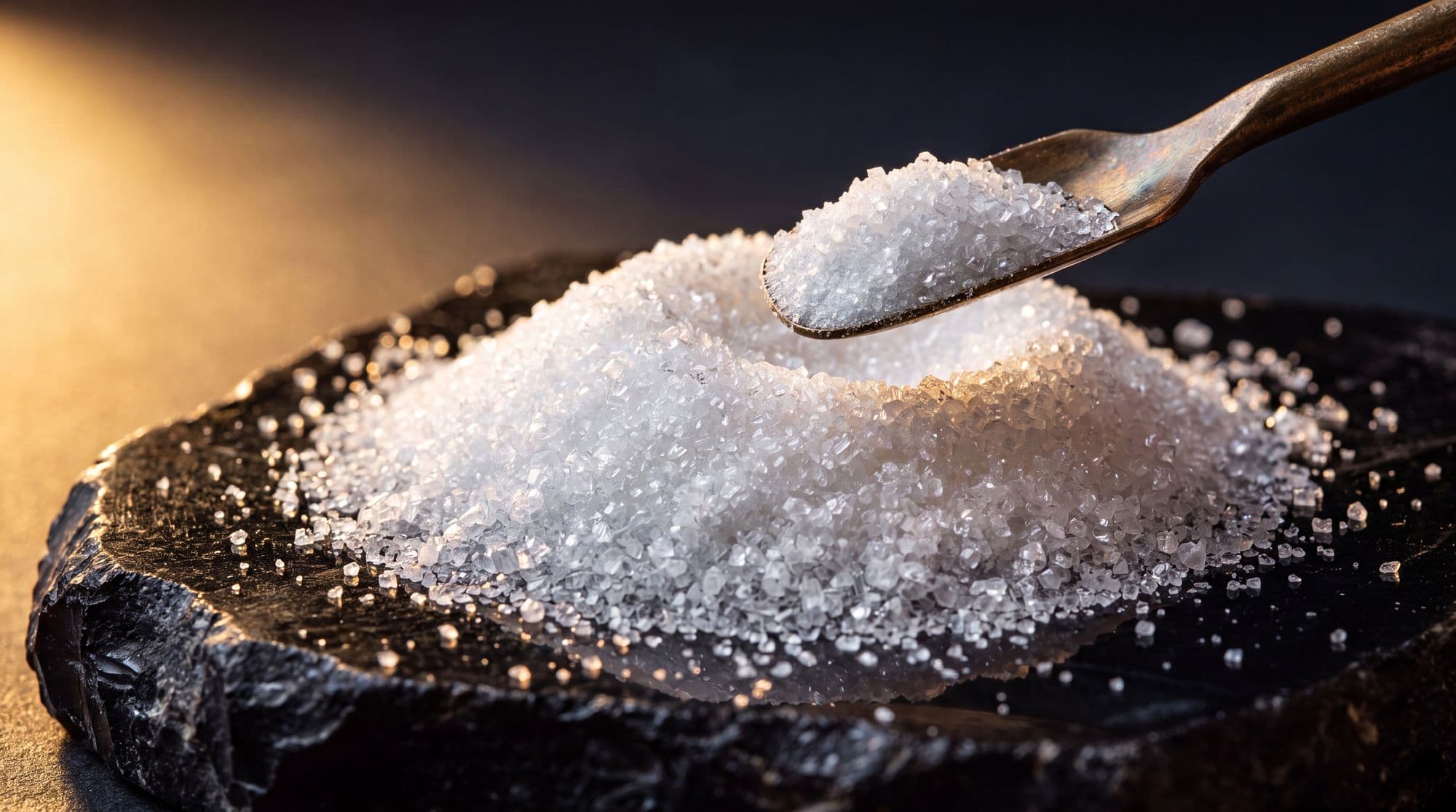 Creatine monohydrate crystals glittering in macro
