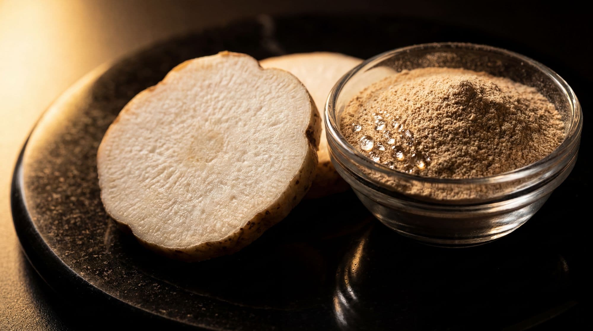 Konjac root beside strands of glucomannan fiber