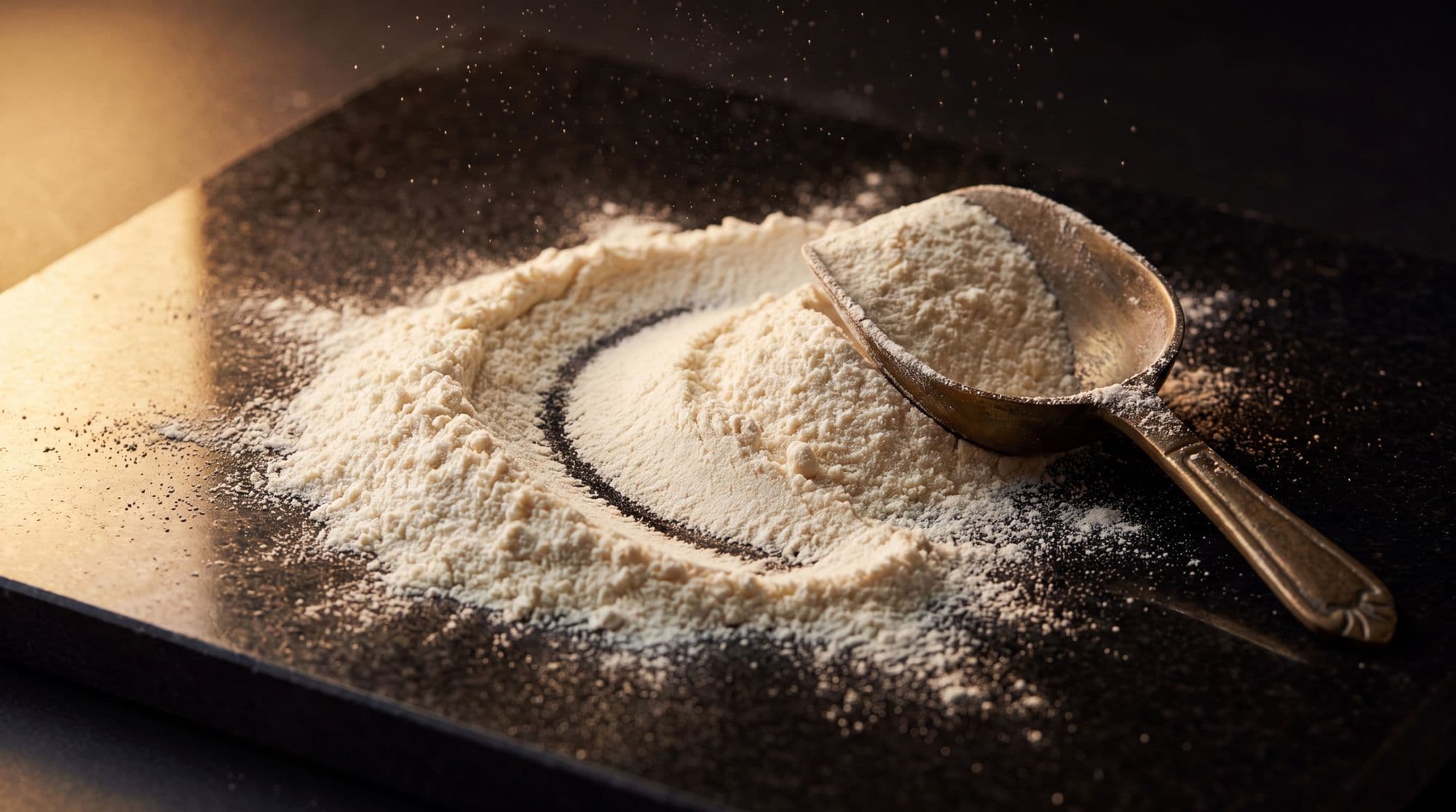 Whey protein powder in a swirl around a bronze scoop