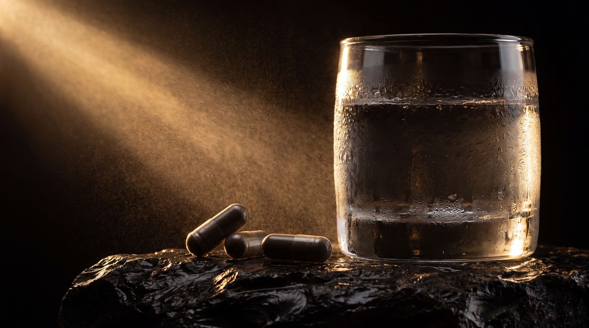 Capsules laid out beside a glass of water on dark stone