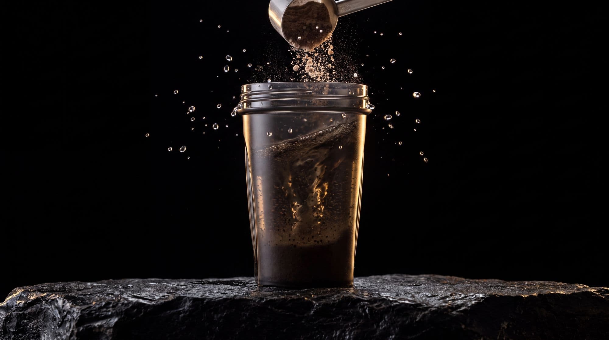 A shaker bottle mid-swirl, powder caught in motion