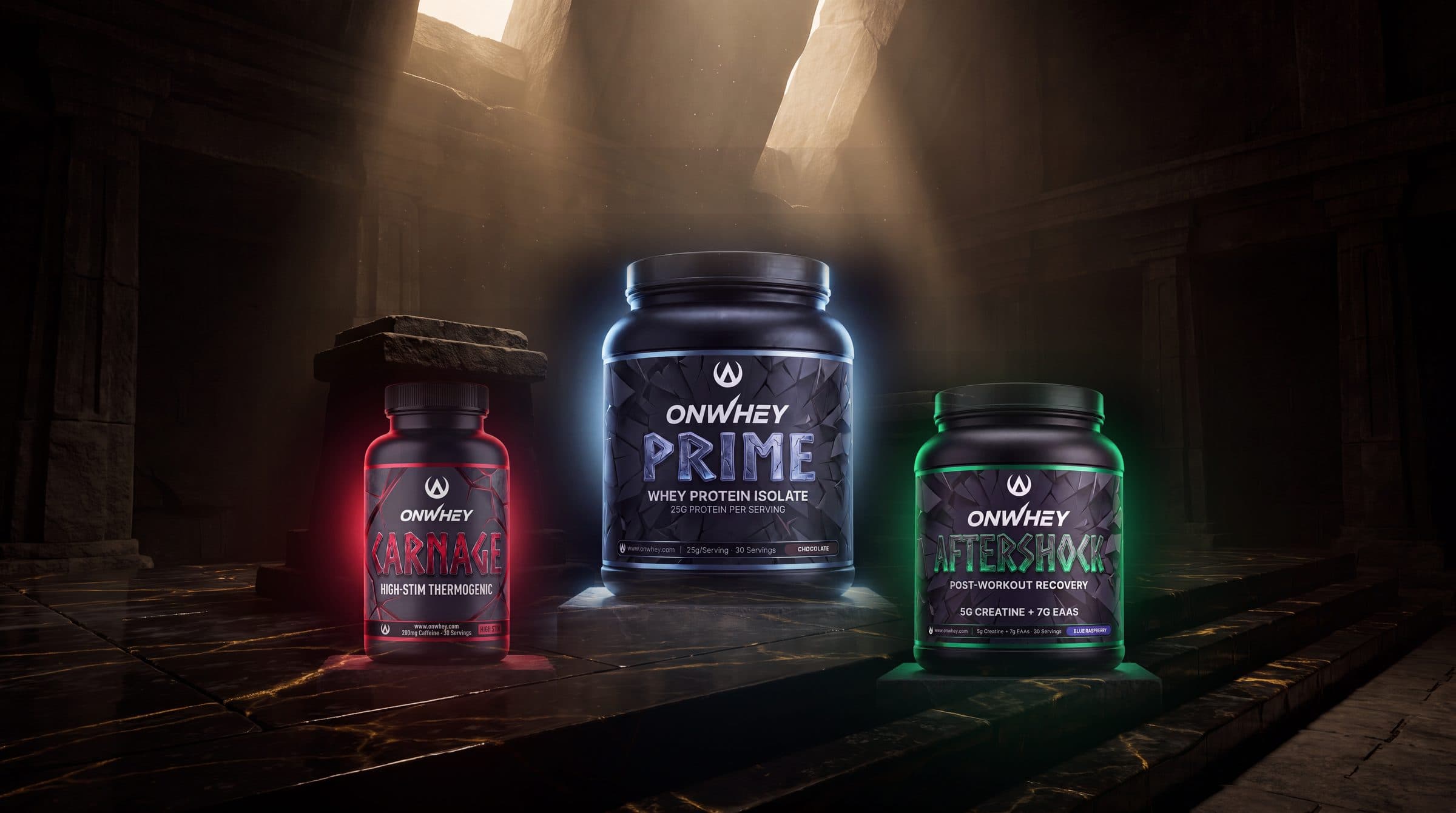 GOD MODE STACK: CARNAGE, PRIME, AFTERSHOCK standing together on a stone altar