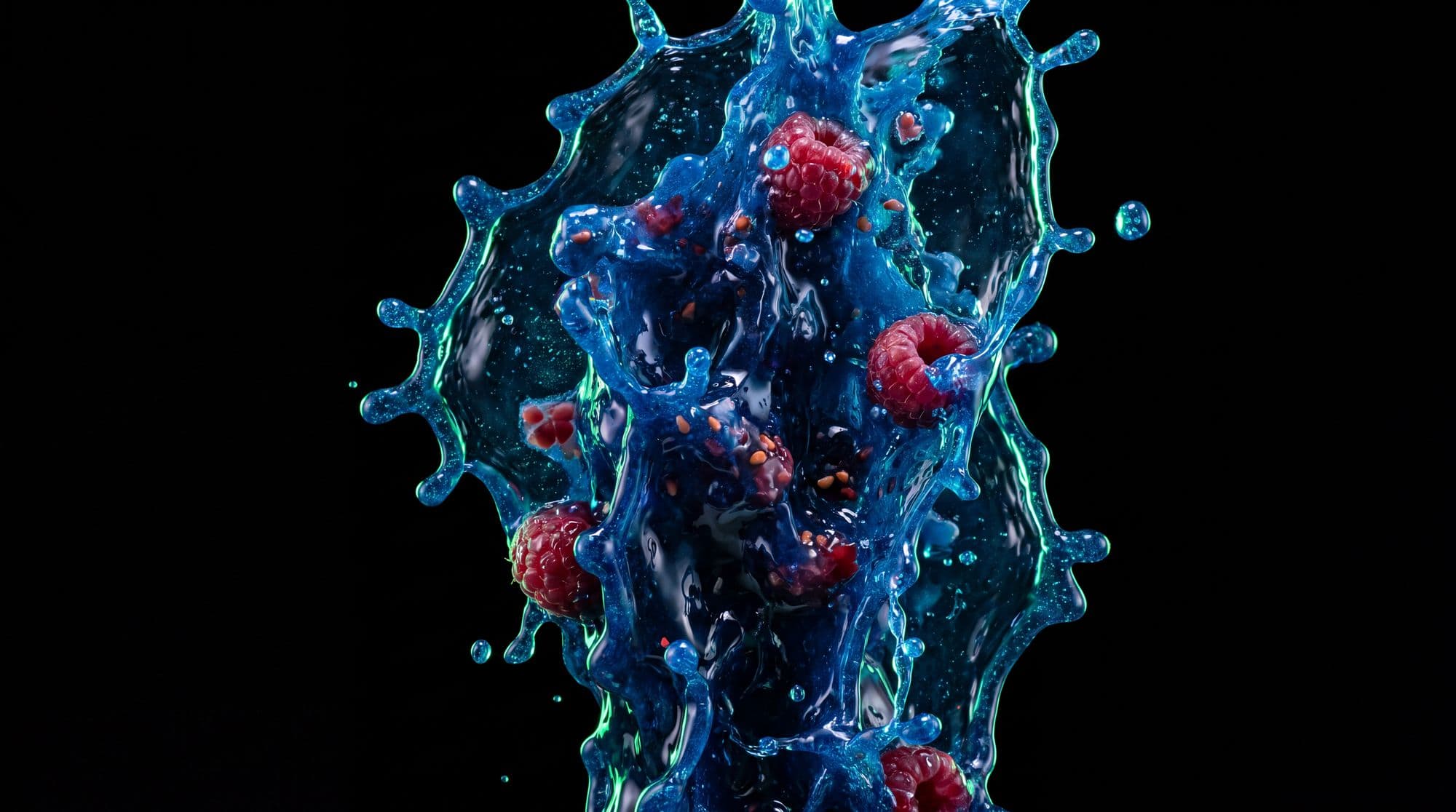 Blue raspberry splash bursting across the frame