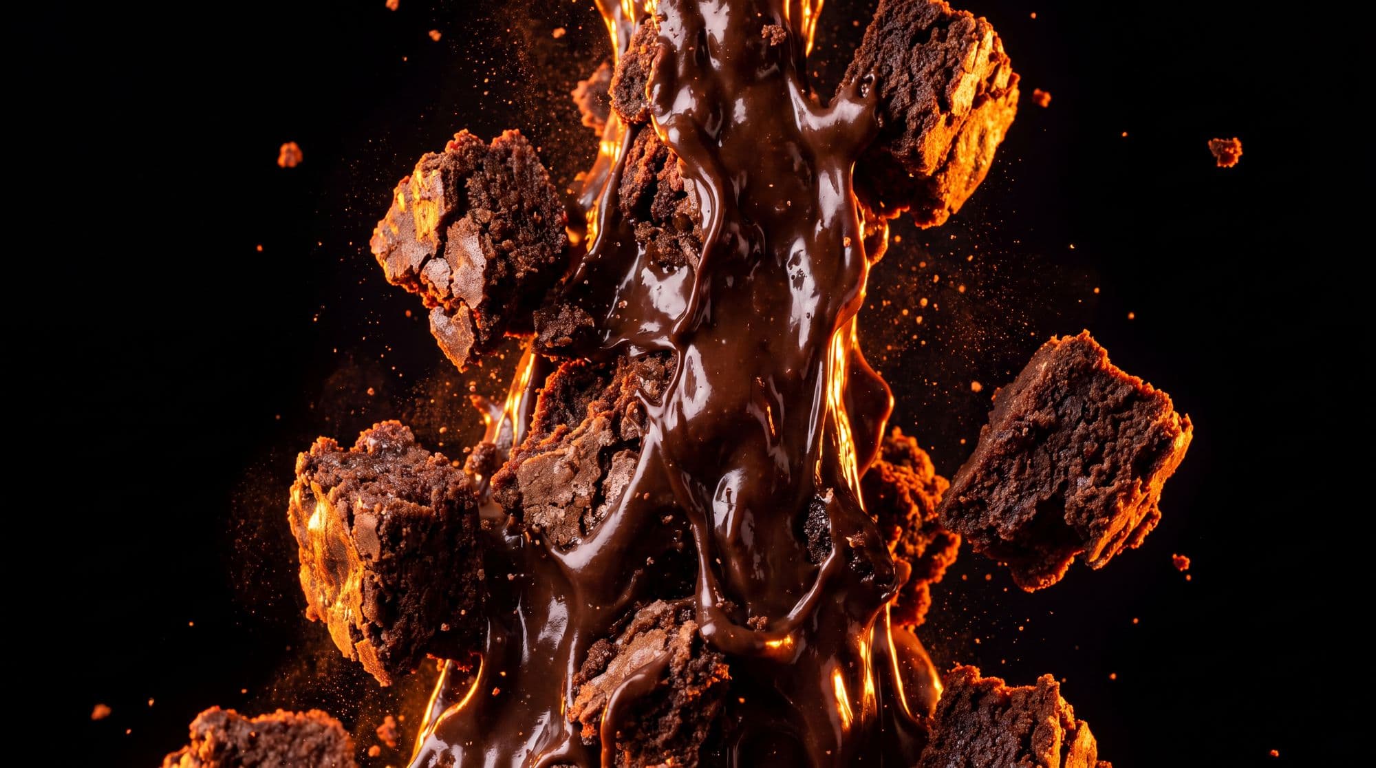 Molten chocolate fudge erupting upward
