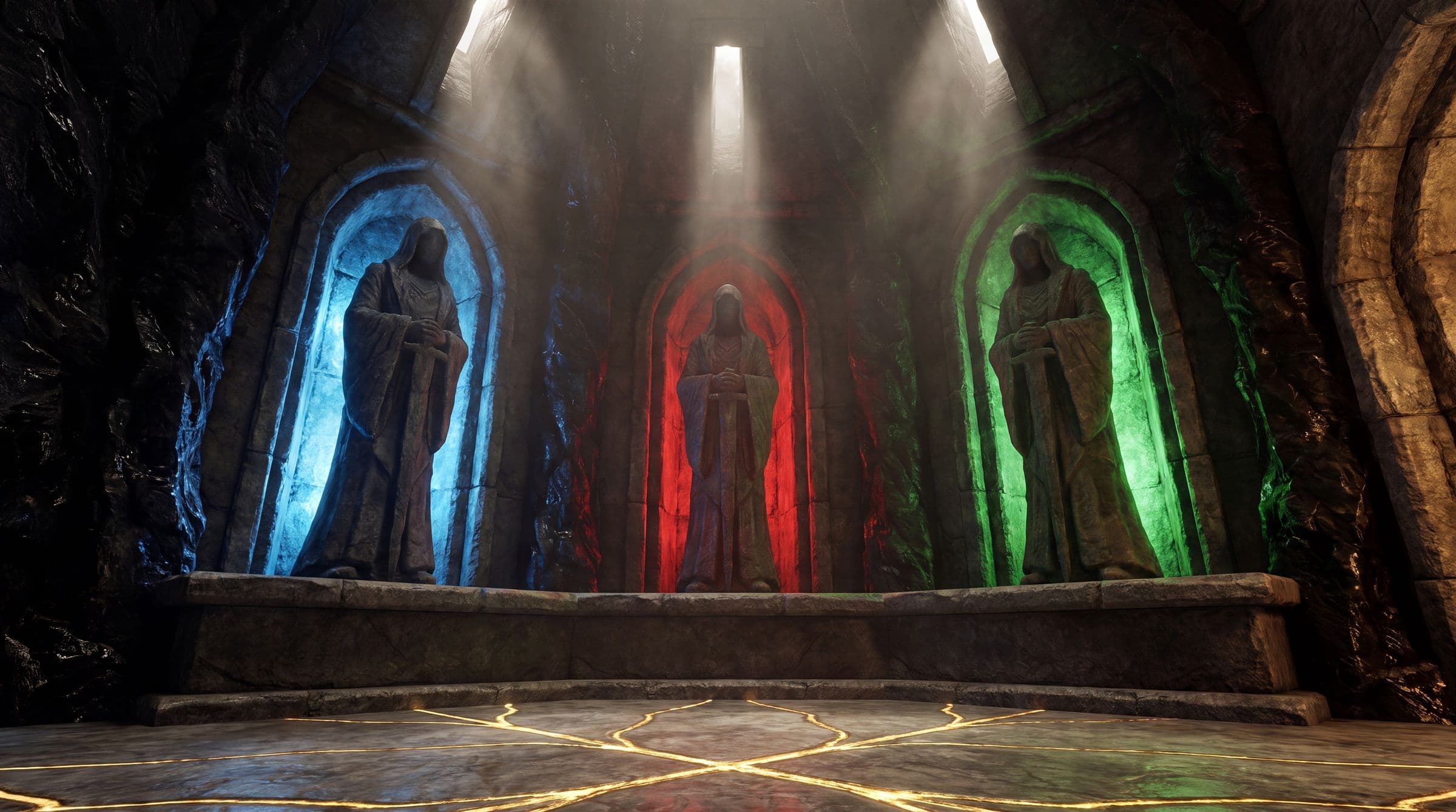 Three hooded stone guardians lit blue, red, and green above a gold-veined floor