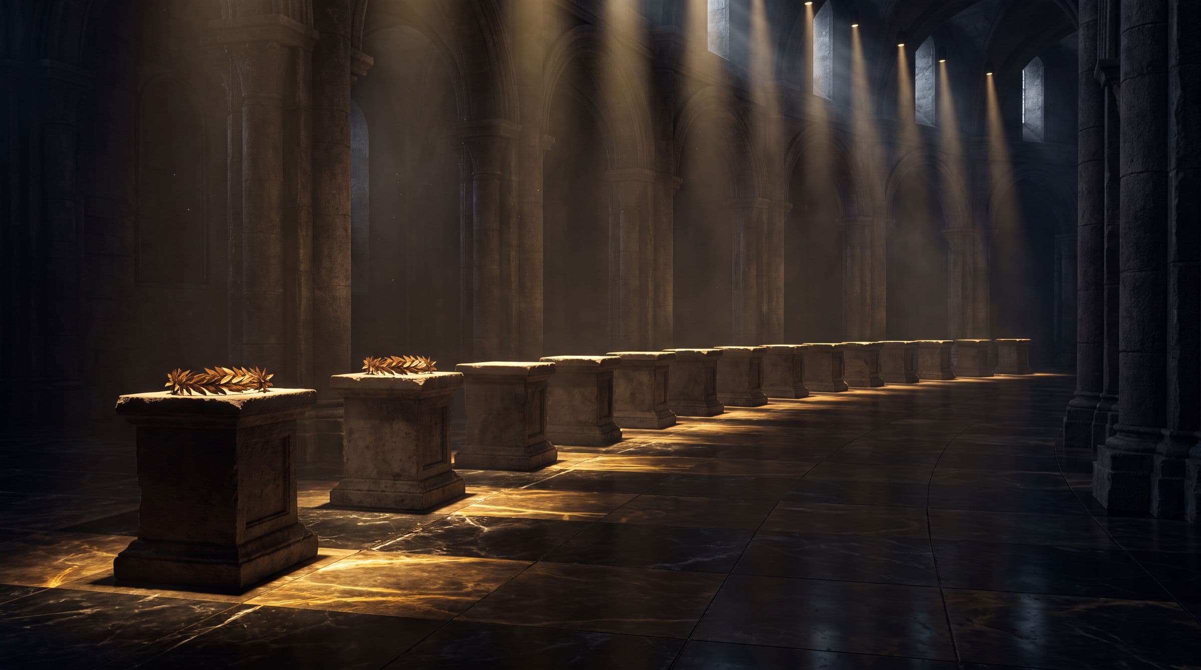 Victors on a stone podium under low light