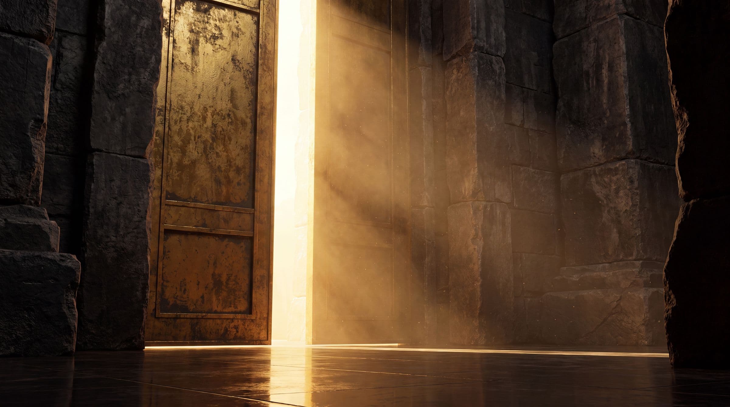 Massive golden doors opening onto light