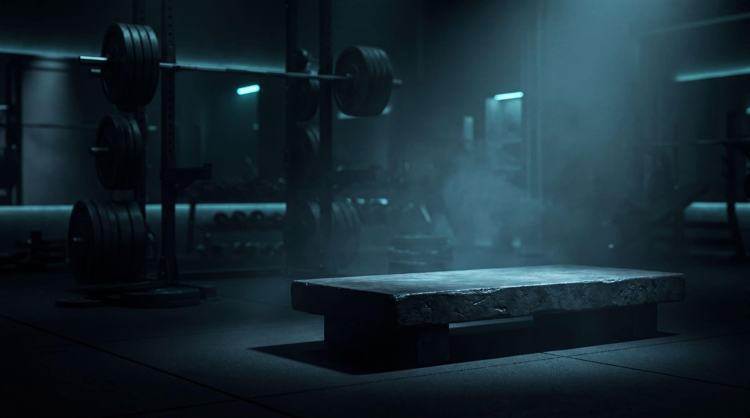 Empty stone bench in a dark gym under cool blue light