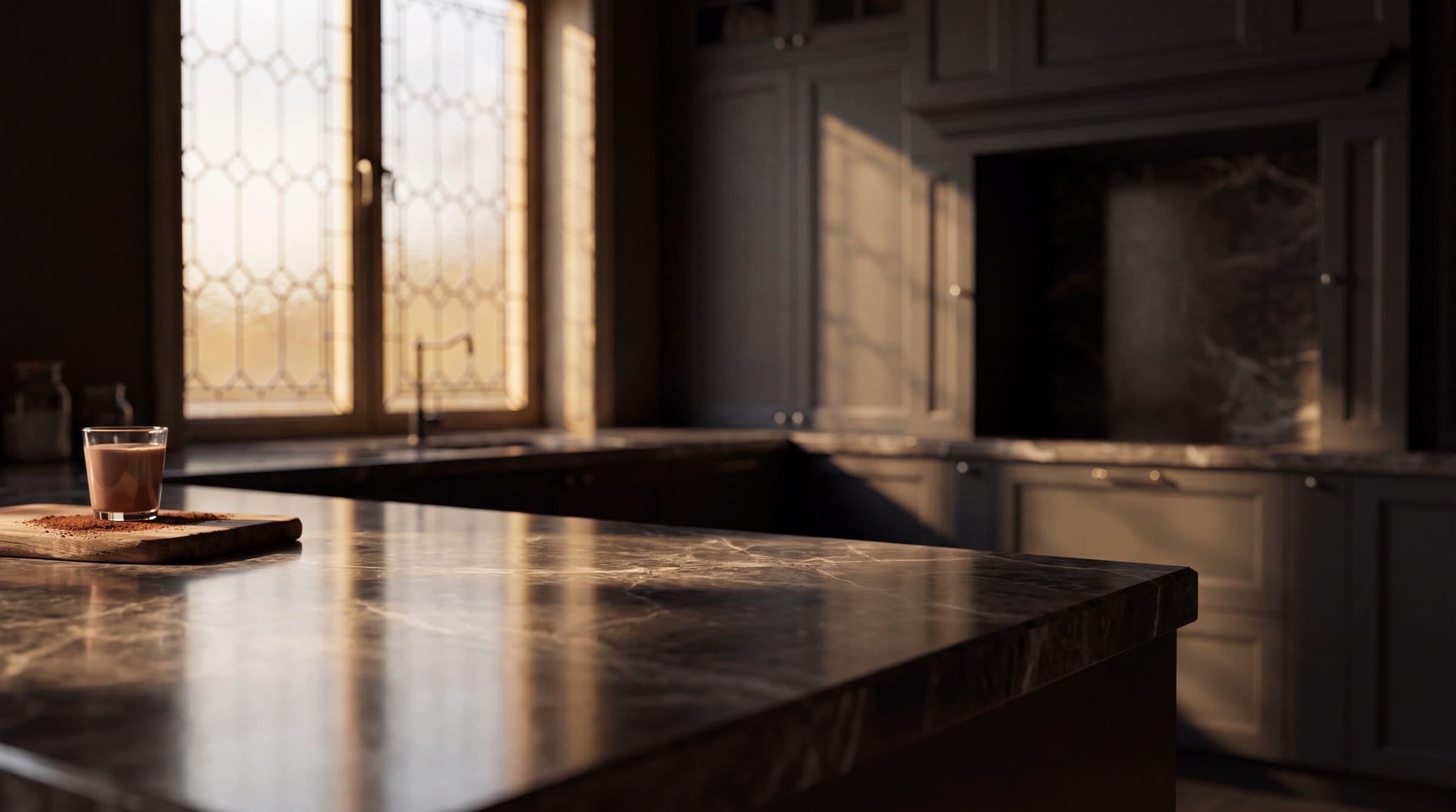 Dark marble kitchen counter at dawn with a glass of chocolate milk