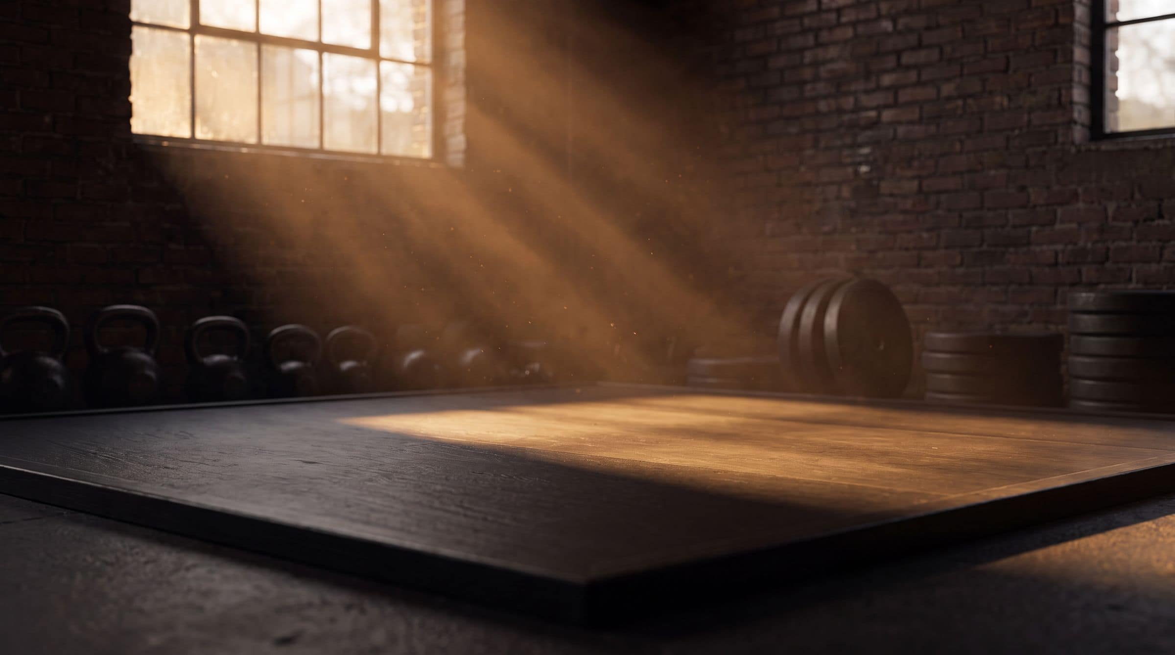 Sunlit lifting platform in a brick home gym