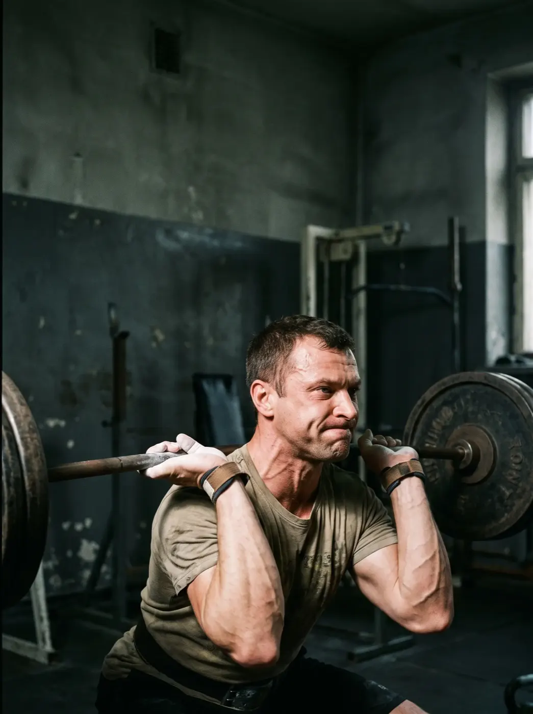 A man at the bottom of a heavy back squat