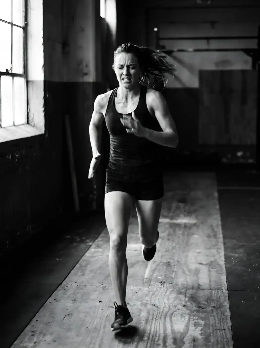 A woman sprinting on an indoor track