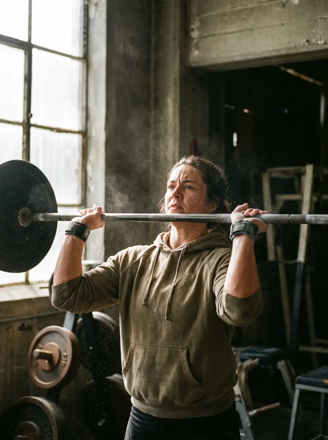 A woman pressing a heavy barbell overhead in a concrete gym