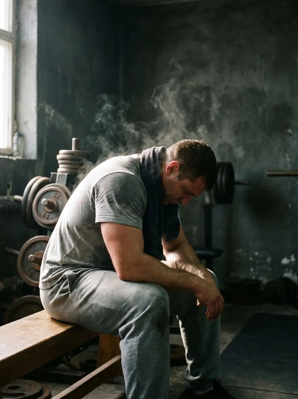 A man sitting on a bench after a set, towel over his neck