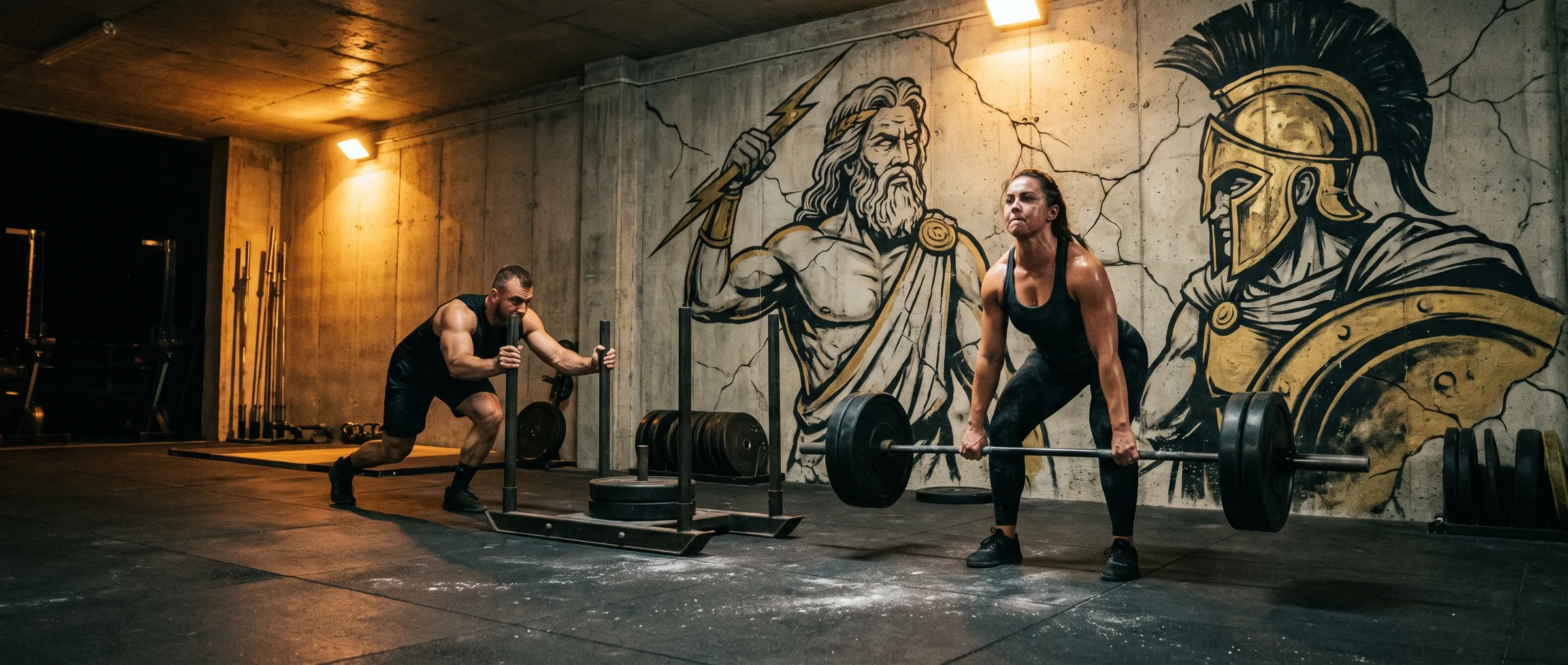 A woman deadlifting and a man pushing a sled in a concrete gym painted with murals of Zeus and Ares