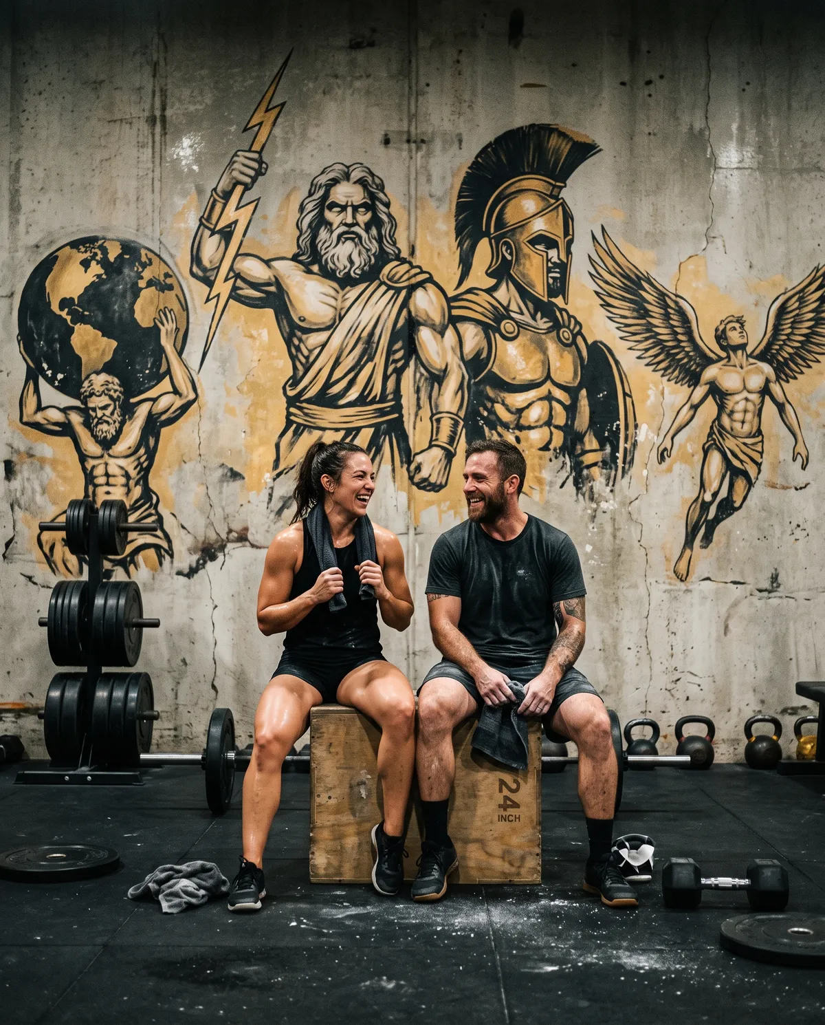 A woman and a man resting between sets under murals of Atlas, Zeus, Ares and Icarus